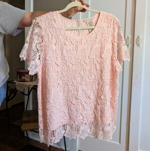 Philosophy Lace Blouse, XL, Pink Lace, Body Fully Lined, Lace Short Sleeves, EUC
